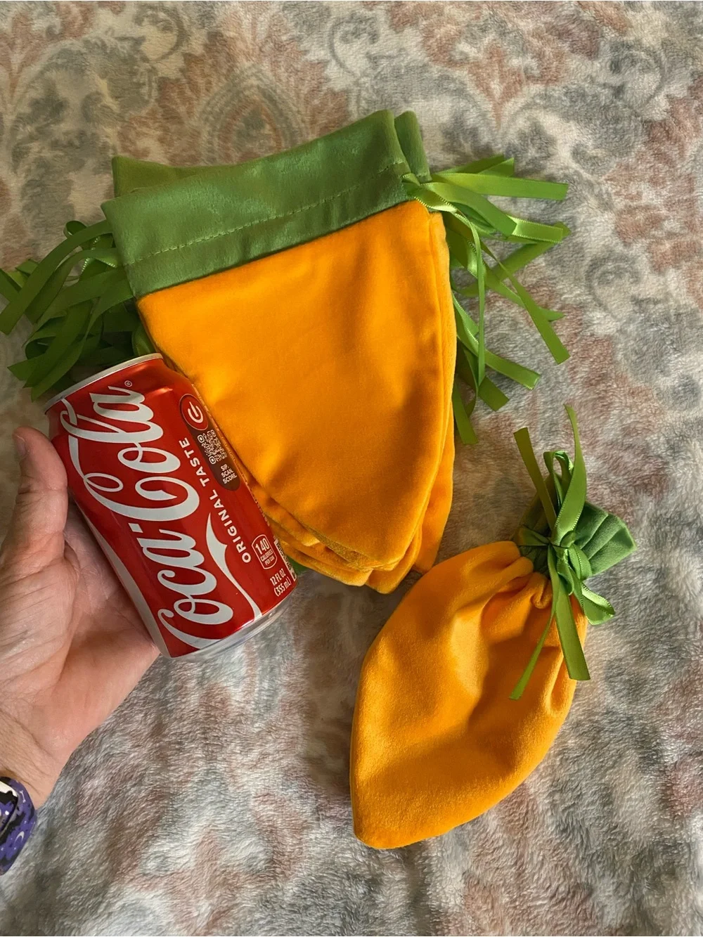 Orange and Green Velvet Drawstring Carrot Pouches for Easter